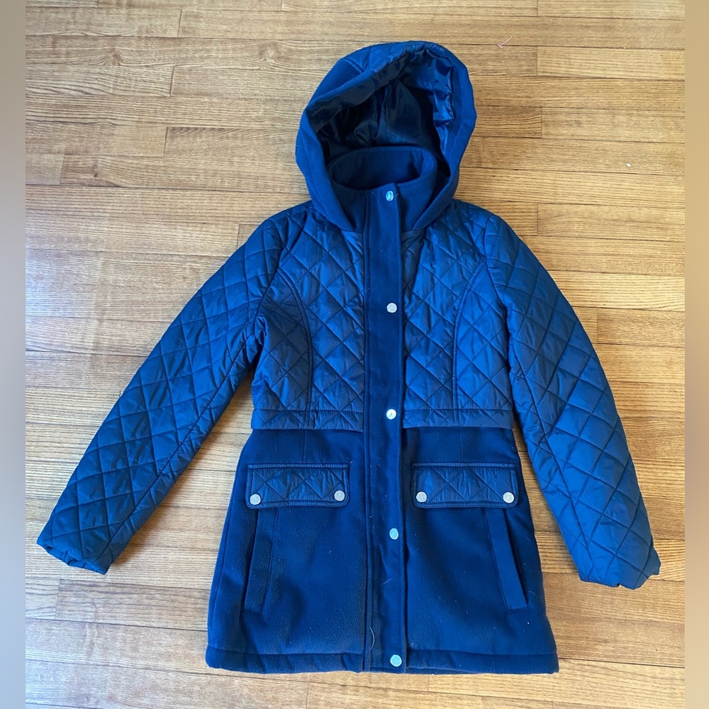 EUC Sam Edelman S Quilted Navy Hooded quilted & terry Coat full zip & button